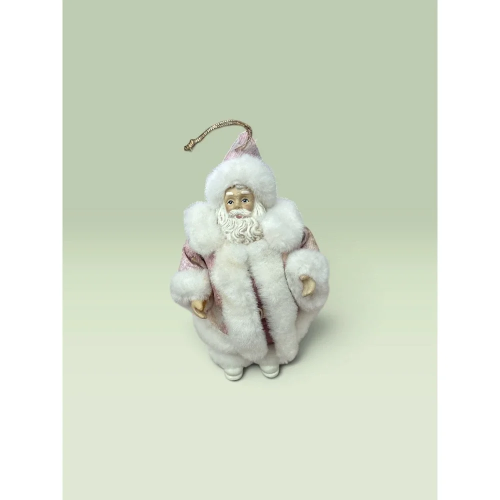 Vintage Pink Velvet Santa Claus Christmas Ornament Faux Fur Trim 7.5 Inch